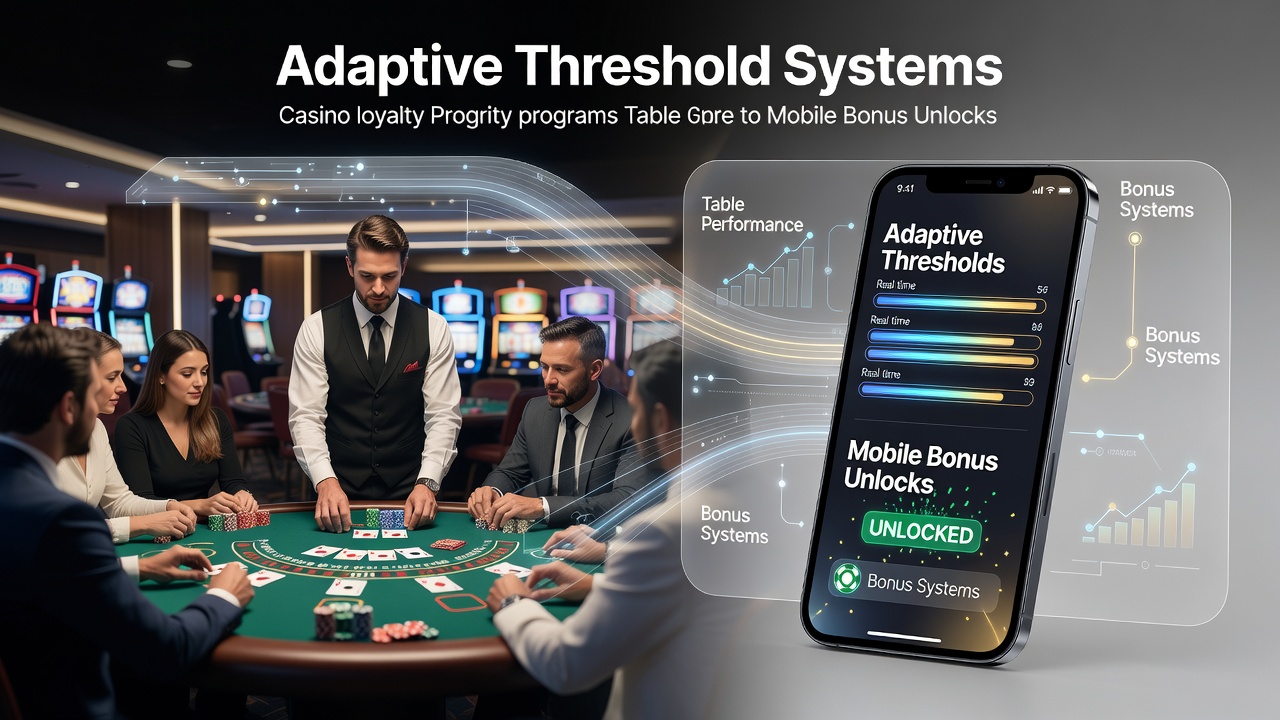 Casino floor with table games and mobile devices showing loyalty app interfaces