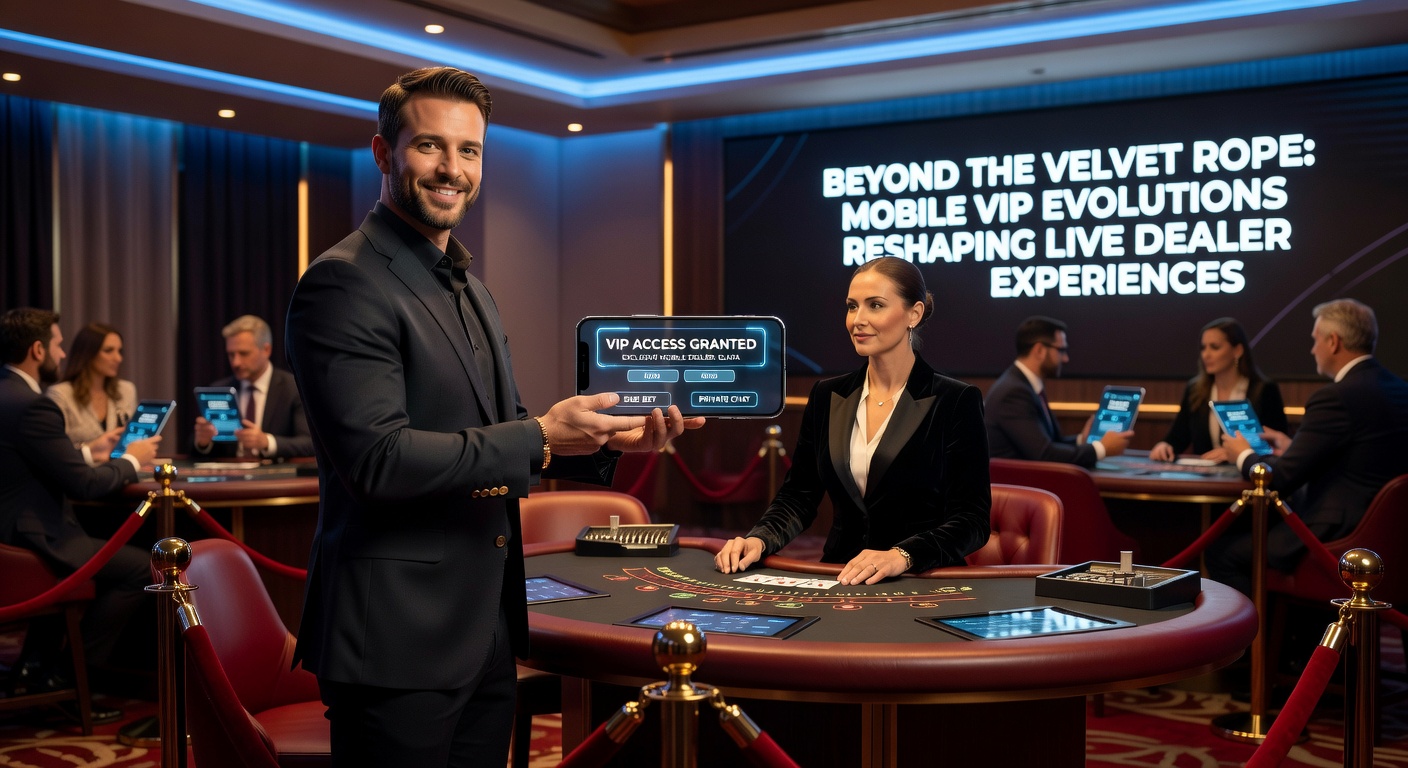 Sleek mobile interface displaying an exclusive VIP live dealer blackjack table with velvet rope graphics and high-stakes chips