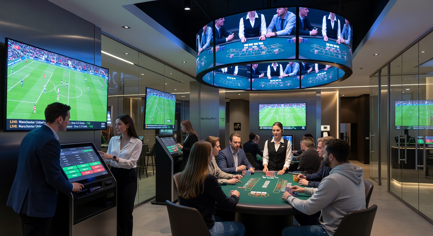 Digital interface showing sports betting odds alongside live roulette table with real-time dealer