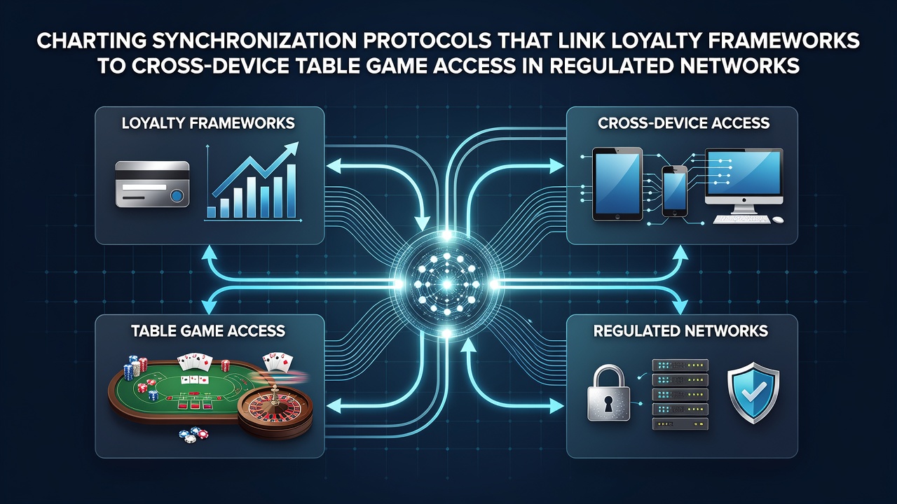Diagram showing synchronization protocols connecting loyalty systems with cross-device table game platforms in regulated casino networks