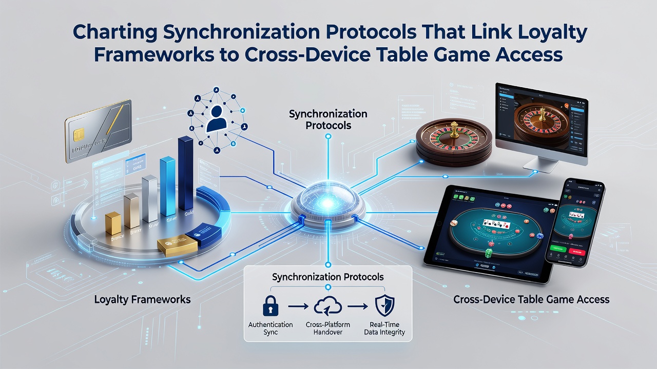 Illustration of encrypted data flows between loyalty servers and cross-device table game interfaces within secure regulated networks