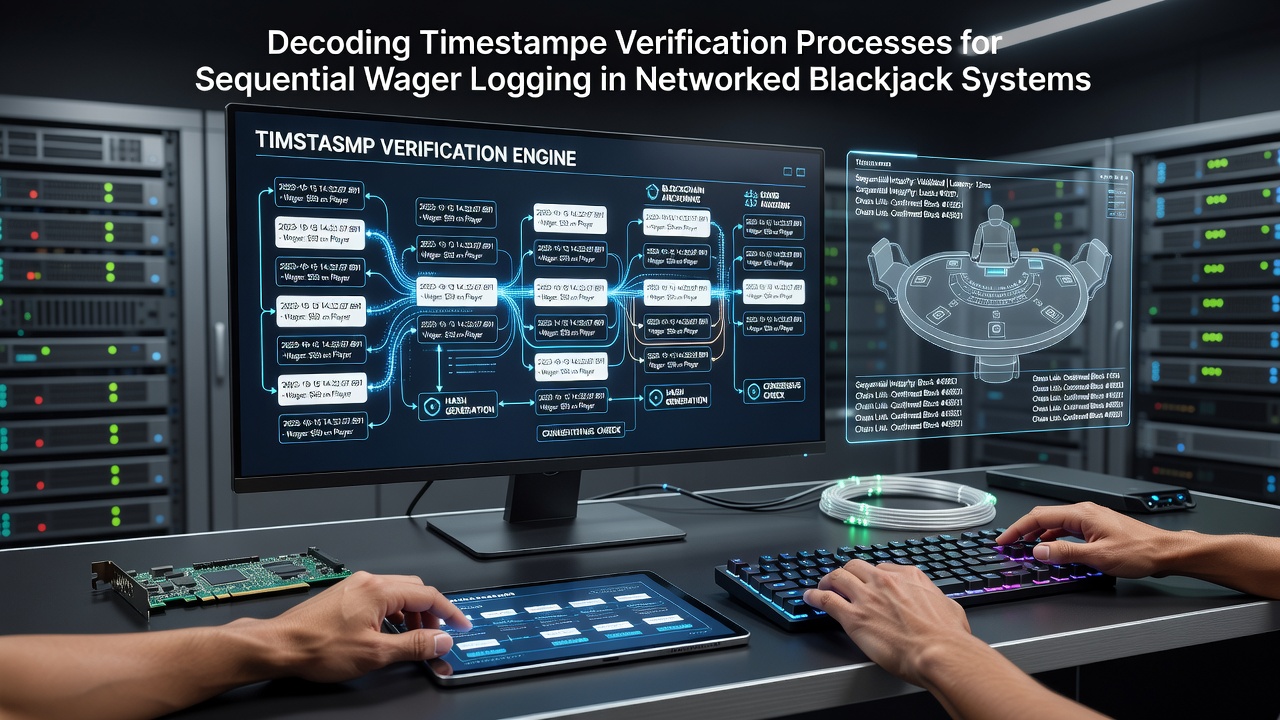 Networked blackjack system interface displaying wager timestamps and verification logs