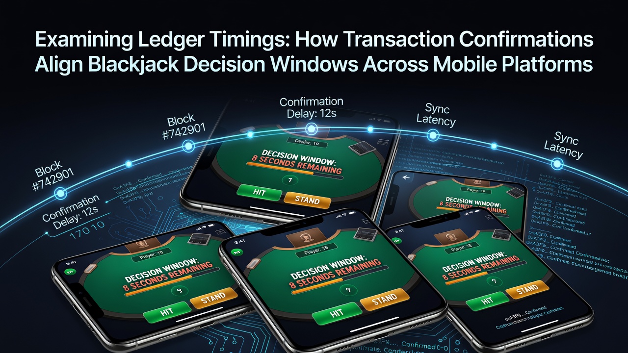 Diagram showing blockchain ledger confirmation timelines aligned with mobile blackjack decision intervals on various devices