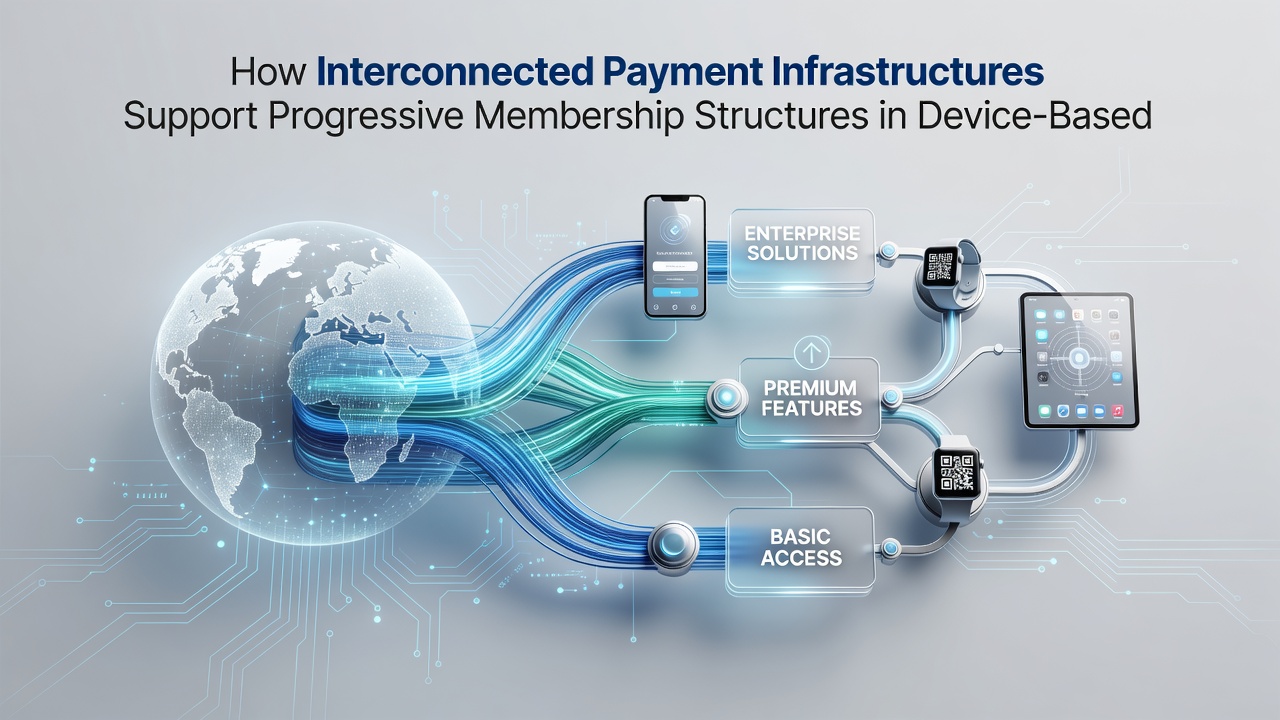 Illustration of tiered membership levels advancing through linked payment flows on various gaming devices