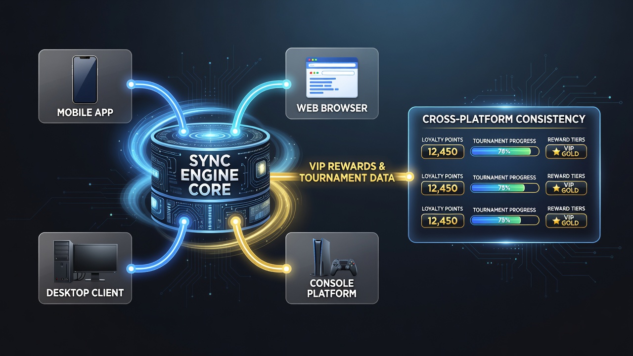 Illustration of VIP reward tiers updating across multiple devices during a slot tournament