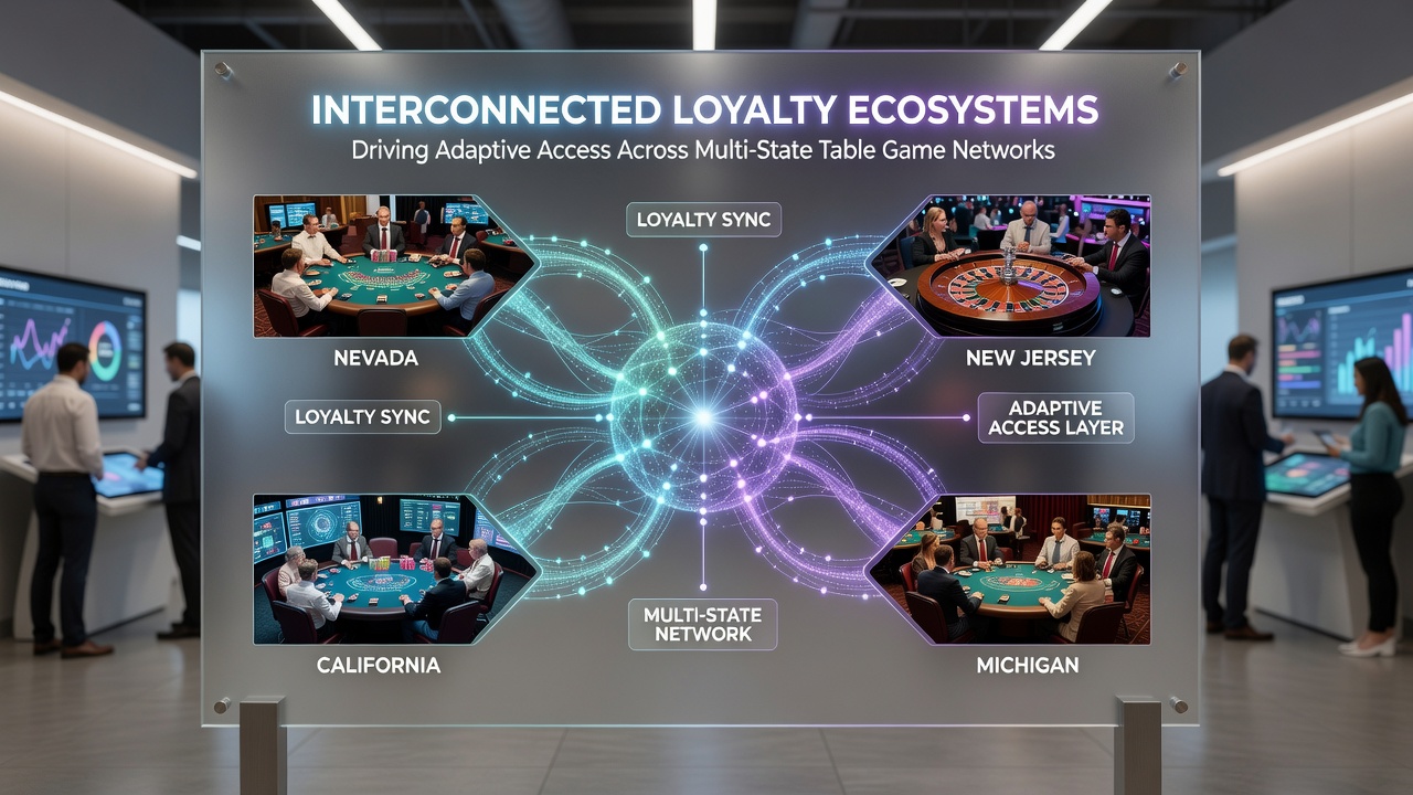 Casino floor scene with players using mobile devices to check loyalty status and reserve table seats across state lines