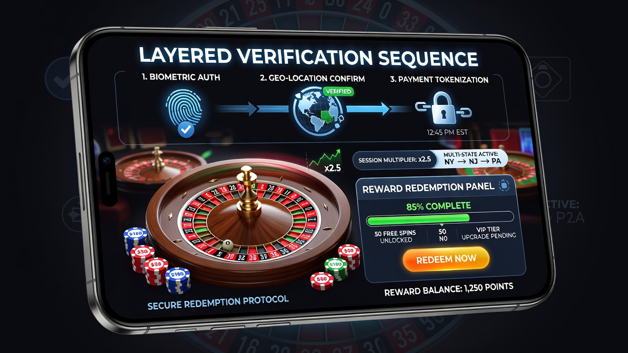 Flow diagram illustrating sequential verification steps for reward processing in multi-state mobile roulette environments