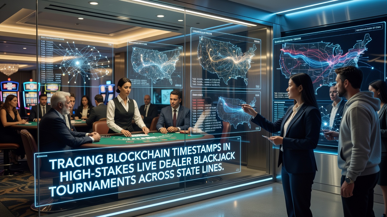 Blockchain timestamp verification interface displaying live dealer blackjack tournament data across multiple state jurisdictions