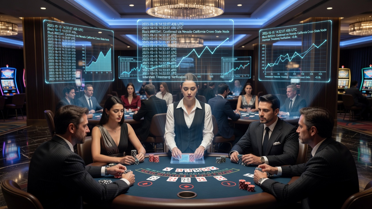Multi-state tournament control room monitoring blockchain timestamp feeds for live dealer blackjack events