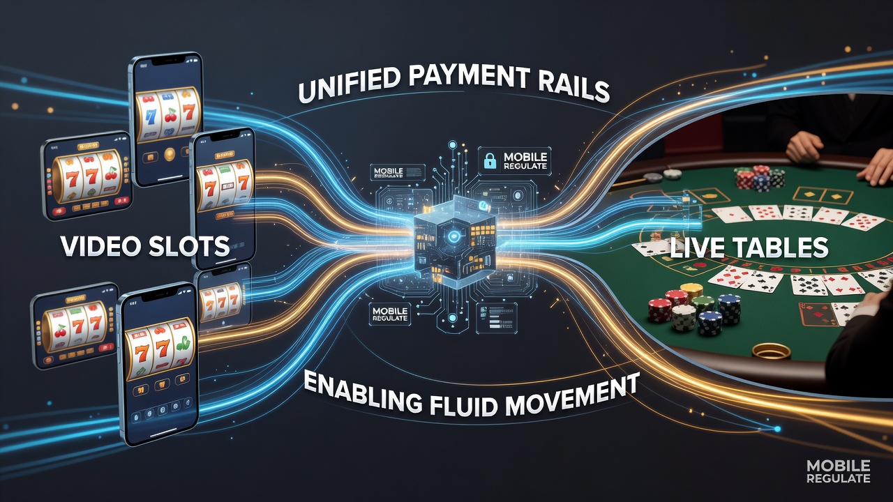 Close-up of secure payment rail dashboard displaying instant balance transfer between slot and live table accounts